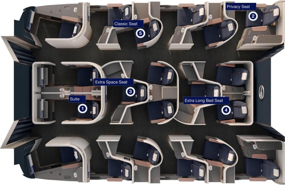 Rozložení a typy sedaček, mapa z webu lufthansa.com