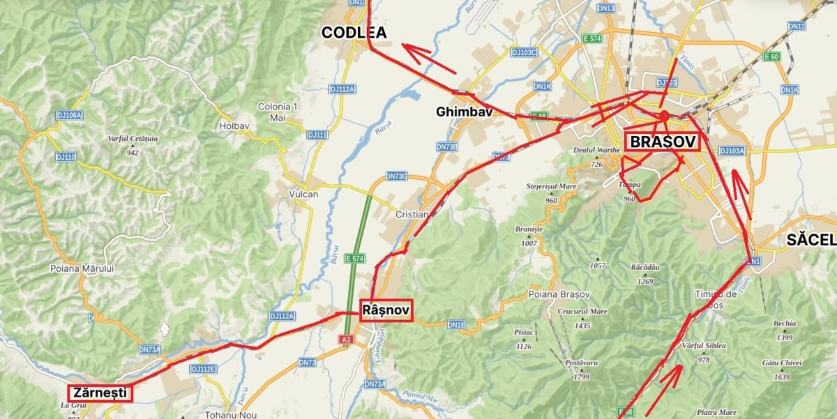 Mapa putování v okolí Brasova