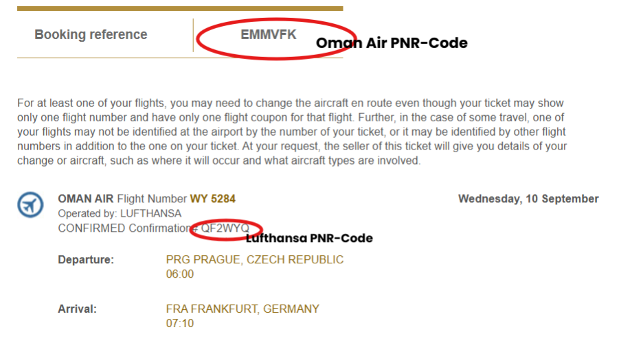 Ukázka dvou PNR kódů dvou aerolinek