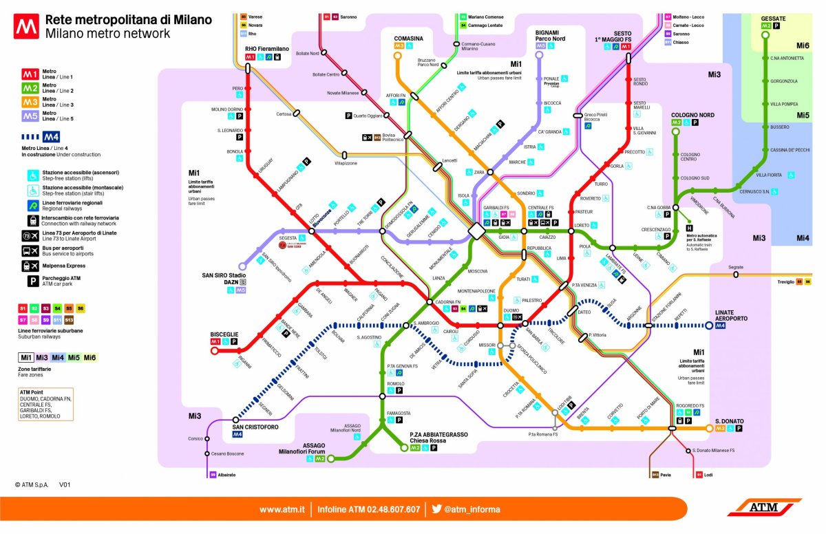 Mapa metra a vlaků S v Miláně